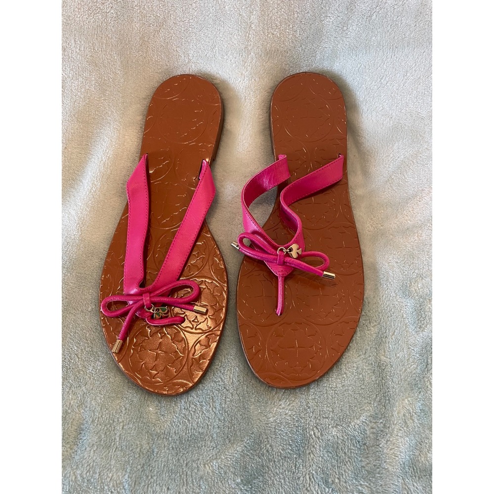 Kate Spade New York Pink Bow‎ Thong Sandals Flat Flip Flops Tan Embossed 10M